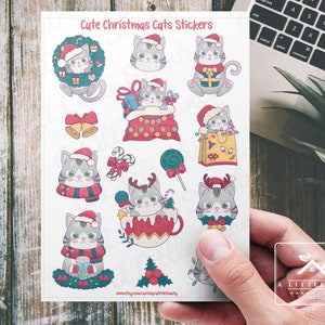 Feuille d’autocollants de chats de Noël mignons, fabrication de cartes, scrapbook, planificateur, autocollants d’artisanat pour enfants, étiquettes cadeaux, autocollants de cartes de Noël