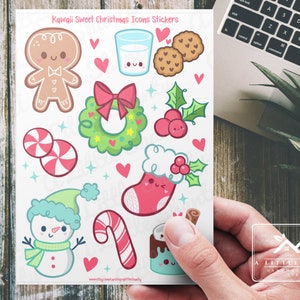Arkusz naklejek Kawaii Sweet Christmas Icons, tworzenie kartek, album ze zdjęciami, planer, rękodzieło dla dzieci, etykiety na prezenty, worek na smakołyki, piernik, wieniec, bałwan