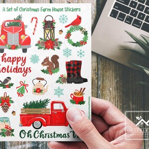 Lot de feuilles d'autocollants pour maison de ferme de Noël, fabrication de cartes, scrapbooking, travaux manuels pour enfants, étiquettes cadeaux, sac de friandises, camion rouge, botte tartan, couronne, houx, théière