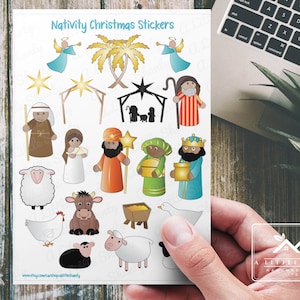 Feuille d'autocollants pour la crèche de Noël, crèche, roi des rois, berger, mouton, anges, fabrication de cartes, scrapbooking, stickers pour enfants, animaux de la ferme