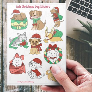 Feuille d’autocollants de chien de Noël mignon, fabrication de cartes, autocollants de scrapbook, autocollants de planificateur, artisanat pour enfants, étiquettes cadeaux, chiens de vacances, chiens de Père Noël