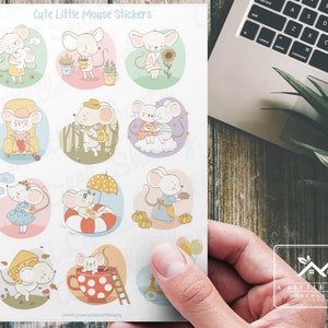 Adorable petite souris en feuille d'autocollants, Fabrication de cartes, Scrapbooking, Agenda, Loisirs créatifs pour enfants, Étiquettes cadeaux, Sac de friandises, Randonnée, Été, Automne, Heure du thé, Trottinette