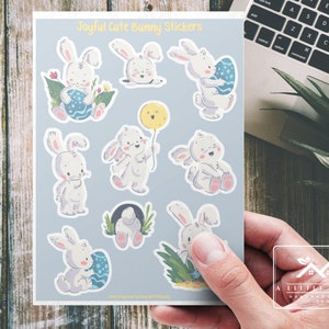 Stickers lapin mignon joyeux, fabrication de cartes, scrapbooking, agenda, journal intime, créations en papier, stickers de Pâques, travaux manuels pour enfants, printemps, oeuf de pâques