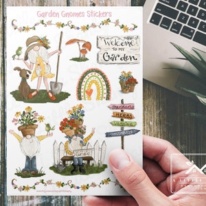 Feuille d’autocollants Garden Gnomes, Fabrication de cartes, Fournitures de scrapbook, Planificateur, Bienvenue au panneau de jardin, Clôture blanche, Arc-en-ciel, Fleurs d’été