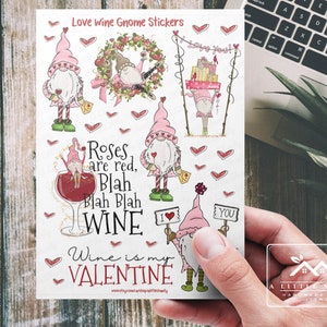 Feuille d'autocollants Love Wine Gnomes, fabrication de cartes, fournitures de scrapbooking, planificateur, bonne Saint-Valentin, camion vintage, vin rouge, couronne, coeur