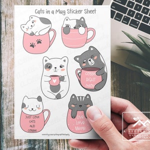 Feuille d'autocollants chats dans une tasse, chatons, feuille d'autocollants chat mignon, fabrication de cartes, autocollants de scrapbooking, autocollants d'agenda, autocollant créatif pour enfants