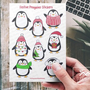 Feuille d'autocollants pingouins festifs, jolie feuille d'autocollants, fabrication de cartes, autocollants de scrapbooking, autocollants pour agenda, autocollants pour enfants, autocollants de Noël