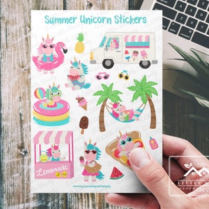 Autocollants licorne d’été, fabrication de cartes, scrapbooking, planificateur, journal, créations en papier, enfants, piscine, stand de limonade à la crème glacée, palmier, hamac, été