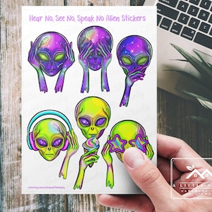 Entendez non, voyez non, ne parlez pas feuille d’autocollants extraterrestres, autocollants extraterrestres, autocollants de fabrication de cartes ou de scrapbooking, espace extra-atmosphérique, tête extraterrestre, autocollants cool