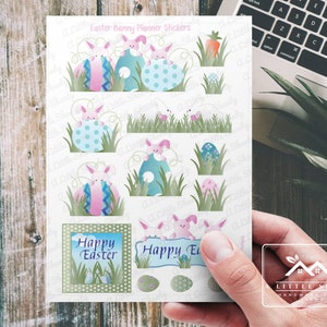 Autocollants de planificateur de lapin de Pâques, fabrication de cartes, scrapbooking, planificateur, journal, créations en papier, créations pour enfants, joyeuses Pâques, printemps, œufs de Pâques, carottes