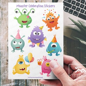 Monster Celebration Sticker Sheet, Card Making, Scrapbook Stickers, Planner, Kids Crafts, Treat Bag, Stickers for Kids, Colorful stickers
