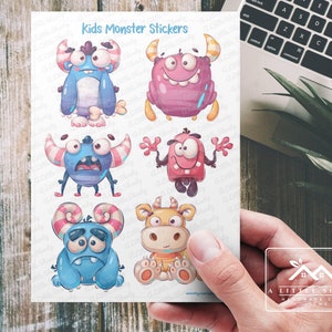 Feuille d'autocollants monstres pour enfants pour agendas, journaux, notes de déjeuner, scrapbooking ou travaux manuels, monstres colorés mignons, papier autocollant mat ou brillant