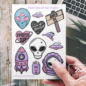 Ensemble de feuilles d'autocollants extraterrestres pastel 1, Stickers OVNI de la zone 51, espacés, autocollants fusée, autocollants extraterrestres, autocollants de scrapbooking, science-fiction