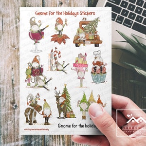 Feuille d'autocollants nain pour les vacances, fabrication de cartes, scrapbooking, agenda, étiquettes, journal, vacances, gnomes de Noël, camion vintage, festif