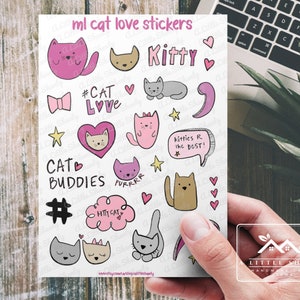 Autocollants/embellissements ML Cat Love, fabrication de cartes, scrapbooking, planificateur, journal, artisanat pour enfants, chats, cœurs, chats minous, étoiles, copains, feuille d'autocollants