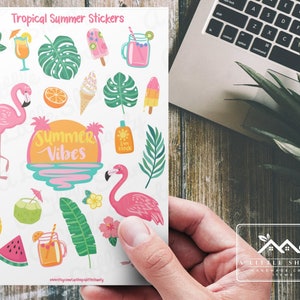 Autocollants/embellissements d'été tropical, fabrication de cartes, scrapbooking, planificateur, journal, artisanat pour enfants, flamants roses, pastèque, cocktail, fleurs, popsicle