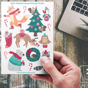 Feuille d’autocollants de Noël d’animaux des bois d’hiver, fabrication de cartes, scrapbooking, planificateur, artisanat pour enfants, étiquettes cadeaux, sac de friandises, renard, hibou, cerf, bas, couronne