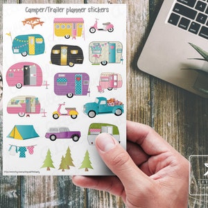 Feuille d'autocollants pour remorque de camping-car | Adorables autocollants de camping et de glamping pour agendas, albums de coupures, journaux et travaux manuels | VR, remorque, camion