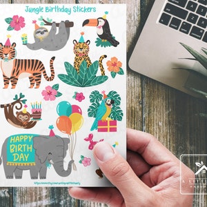 Feuille d'autocollants d'anniversaire dans la jungle, fabrication de cartes, scrapbooking, planificateur, travaux manuels pour enfants, étiquettes cadeaux, sac de friandises, singes, éléphant, tropical, perroquet, gâteau, fleurs.