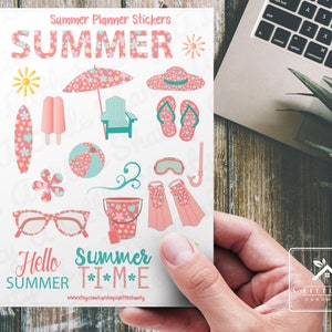 Feuille d'autocollants de planificateur d'été, fabrication de cartes, album de scrapbooking, planificateur, étiquette cadeau, sac de friandises, lunettes de soleil, parapluie de plage, seau de sable, palmes, planche de surf, chapeau