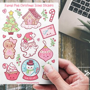 Arkusz naklejek Kawaii Pink Christmas Icons, tworzenie kartek, album ze zdjęciami, planer, rękodzieło dla dzieci, etykiety na prezenty, torba na smakołyki, Mikołaj, babeczka, piernik, kula śnieżna