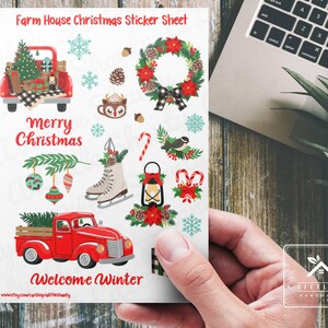 Boerderij kerststickervel, kaarten maken, plakboek, kinderknutsels, cadeaulabels, traktatiezak, rode vrachtwagen, schaatsen, ornamenten, kous, boom, krans