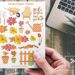 Feuille d'autocollants pour agenda de jardin, fabrication de cartes, autocollants pour scrapbooking, agenda, travaux manuels, fleurs, barrière de jardin, pot de fleur à pois, outils de jardin, chaise
