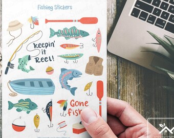 Fishing Stickers,Card making,Scrapbooking,Paper Craft,Gone Fishing,Boat,Fishing Pole,Fish,Lure,Tackle Box,Bobber,Oars,Father's Day,Hat