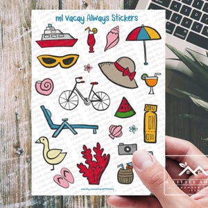 Feuille d'autocollants de voyage d'été, autocollants pour agenda de vacances avec icônes de plage, autocollants de voyage illustrés mignons pour journaux, cartes et scrapbooking