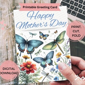 Carte de fête des mères imprimable avec papillons et fleurs sauvages, voeux floraux à téléchargement immédiat pour maman, deux tailles avec modèle d'enveloppe