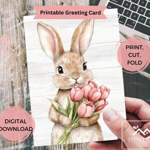 Süßer Hase mit Tulpen druckbare Osterkarte, digitaler Download, Aquarell Hase, 4x6 und 5x7 Größen, Frühlingstulpe Ostergruß, süßes Kaninchen