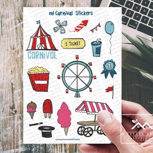 Carnival Sticker Sheet | Cute Summer Fair & Circus Stickers for Planners, Scrapbooks, Journals and Crafts | Popcorn, Ferris Wheel, Candy