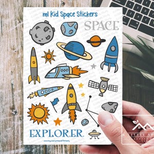 ML Kid Space Stickers, maan, raket, ufo, ruimtevaart, ontdekkingsreiziger, Saturnus, ruimtestation, zon, ster, kinderstickers, kaarten maken, scrapbooking