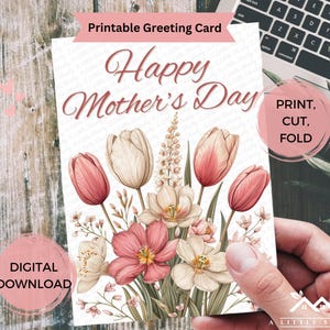 Carte de fête des mères imprimable avec papillons et fleurs sauvages, voeux floraux à téléchargement immédiat pour maman, deux tailles avec modèle d'enveloppe