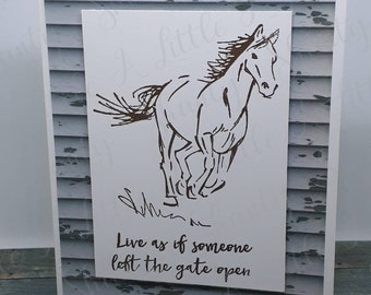 Wide open gate horse themed card made with with Stampin Up Let it Ride Stamp Set / A2 card(4.25"x5.5")/white paper base/blank white inside