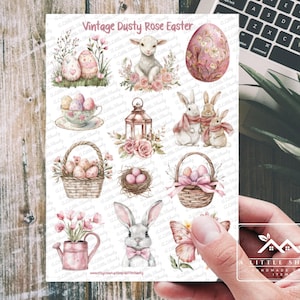 Stickers de Pâques vintage rose poussiéreux - lapin, oeufs floraux, autocollants pour agenda, scrapbooking, esthétique de Pâques romantique, fait main, printemps vintage