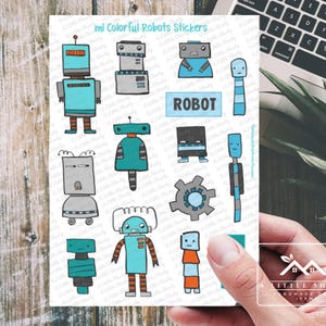 Stickers robots colorés ML, Stickers pour enfants, Robots, Engrenages, Fabrication de cartes, Stickers scrapbooking, Créations en papier, Étiquettes cadeaux, Fournitures créatives