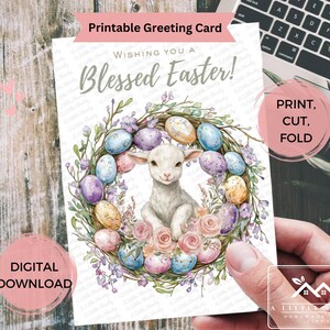Gesegnete Osterkarte zum Ausdrucken, Aquarell Lamm im Ei-Kranz, religiöse Osterkarte mit Blumen, sofortiger DIGITALER Download, 4x6 und 5x7 Größen