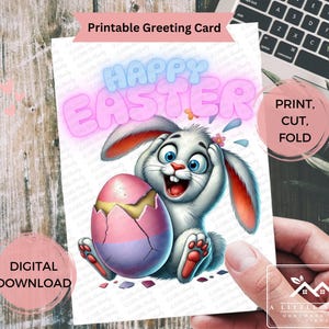 Joyeuses Pâques carte imprimable, lapin drôle de bande dessinée avec oeuf fêlé, voeux de Pâques pour enfants, joyeuses Pâques, téléchargement numérique, tailles 4 x 6 et 5 x 7
