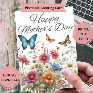 Carte de fête des mères imprimable avec papillons et fleurs sauvages, carte numérique florale pour maman, téléchargement immédiat avec modèle d'enveloppe inclus