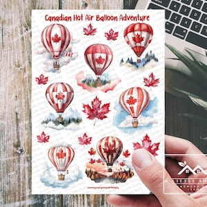 Stickers montgolfières canadiennes - Stickers feuille d'érable, Canada aventure, scrapbooking, agenda autocollants, carnet de voyage, fait main, pittoresque