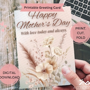 Cartão para impressão de Dia das Mães – Design floral neutro elegante – Cartão de felicitações com modelo de envelope para download instantâneo – PDF + JPG 4x6 e 5x7