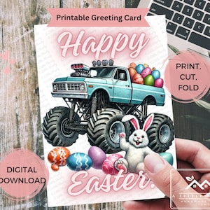 Monstertruck Osterhasen Karte zum Ausdrucken, süße Osterkarte mit LKW und Eiern, lustige Osterhase, DIGITAL Download, Größen 4x6 und 5x7