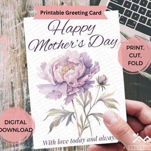 Cartão de Dia das Mães para impressão com peônia em aquarela, saudação floral para a mãe, download instantâneo em 2 tamanhos com modelo de envelope