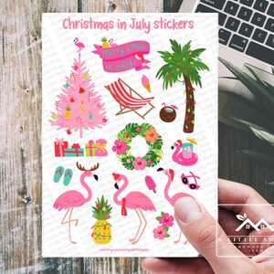 Feuille d'autocollants/embellissement, Noël en juillet, fabrication de cartes, scrapbooking, agenda, journal, sapin de Noël rose, flamant rose, palmier, couronne, thème plage