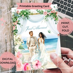 Carte de mariage imprimable, téléchargement numérique instantané, mariage de plage Just Married, tailles 4 x 6 & 5 x 7, thème océan tropical, mariage à destination