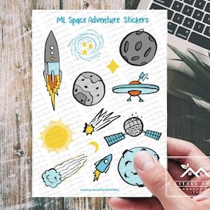 ML-stickers ruimteavontuur, kinderstickers, maan, raket, ufo, ruimtestation, vallende ster, kaarten maken, scrapbooking, papiermodellen