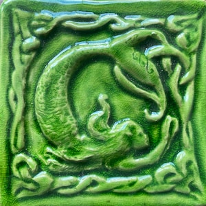 4&quot;Handmade Celtic Mermaid ceramic bas relief tile in crackle apple  glaze( other glaze options available)