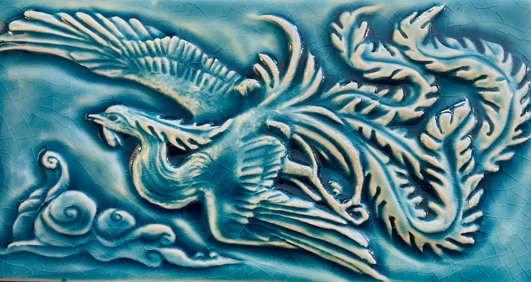 Ceramic Phoenix Tile in a Crackle Blue Glaze Etsy