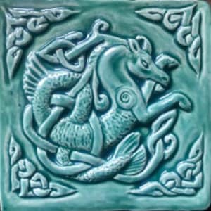 Handmade Celtic Seahorse ceramic bas relief tile in Turquoise  glaze. 6&#39;X6&#39; Right facing